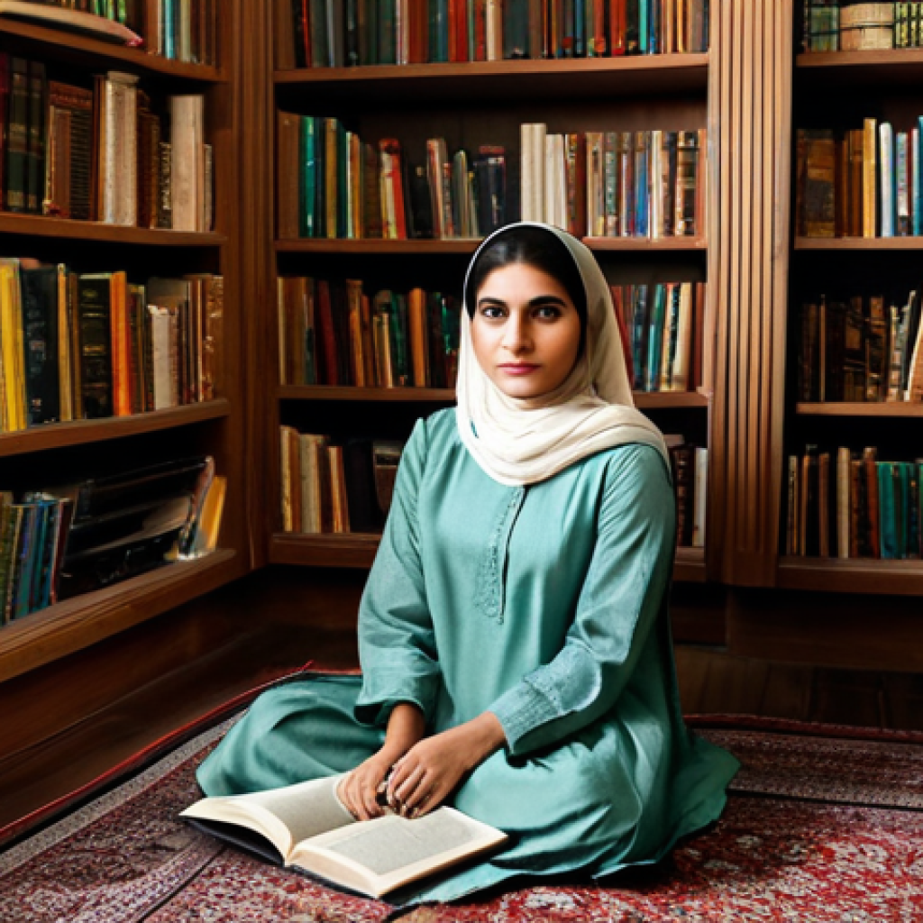 **

"A woman in a modest shalwar kameez, sitting comfortably in a traditional Pakistani home library, surrounded by bookshelves filled with Urdu literature, fully clothed, appropriate attire, safe for work, perfect anatomy, natural proportions, family-friendly, professional photography, warm lighting."

**