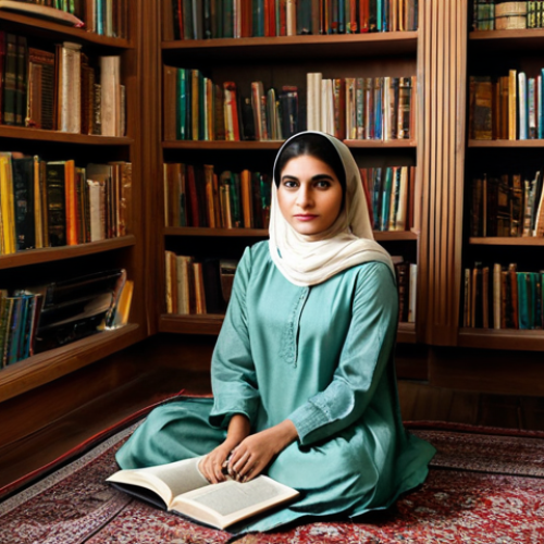 **

"A woman in a modest shalwar kameez, sitting comfortably in a traditional Pakistani home library, surrounded by bookshelves filled with Urdu literature, fully clothed, appropriate attire, safe for work, perfect anatomy, natural proportions, family-friendly, professional photography, warm lighting."

**