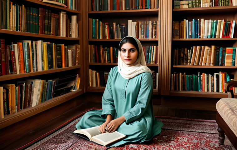 **
"A woman in a modest shalwar kameez, sitting comfortably in a traditional Pakistani home library, surrounded by bookshelves filled with Urdu literature, fully clothed, appropriate attire, safe for work, perfect anatomy, natural proportions, family-friendly, professional photography, warm lighting."
**