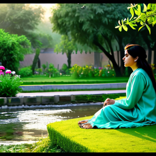 Serene Garden Scene**

"A peaceful Pakistani garden at dawn, lush green foliage, colorful flowers in bloom, a gentle stream flowing through, fully clothed woman in modest shalwar kameez sitting in contemplation, soft morning light, safe for work, appropriate content, family-friendly, perfect anatomy, natural proportions, professional photography, high quality"

**